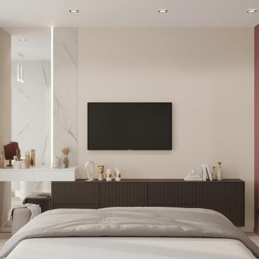 Интерьер спальни cтеной с телевизором, керамогранитом на стену с телевизором и подсветкой настенной