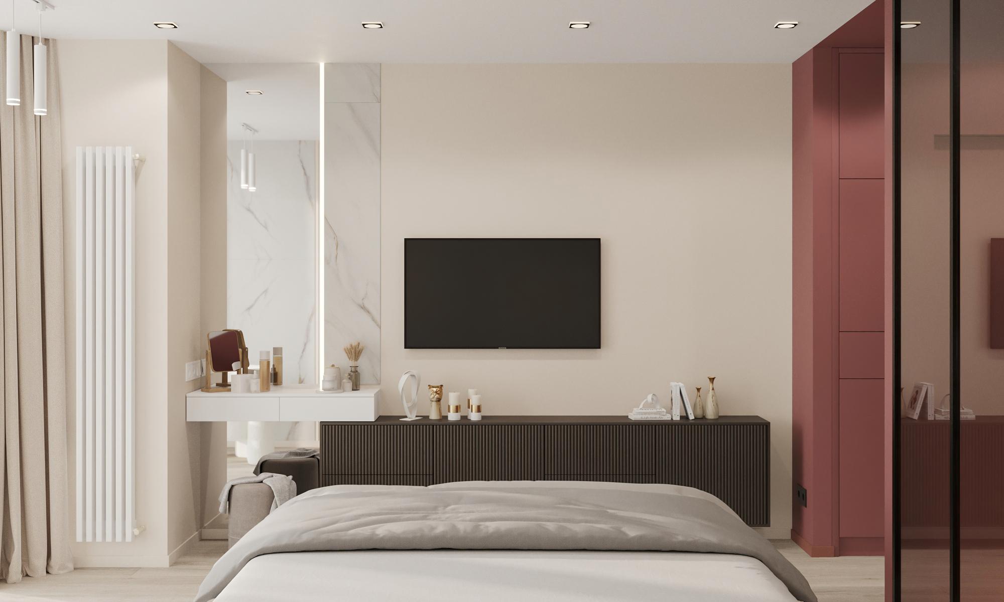 Интерьер спальни cтеной с телевизором, керамогранитом на стену с телевизором и подсветкой настенной