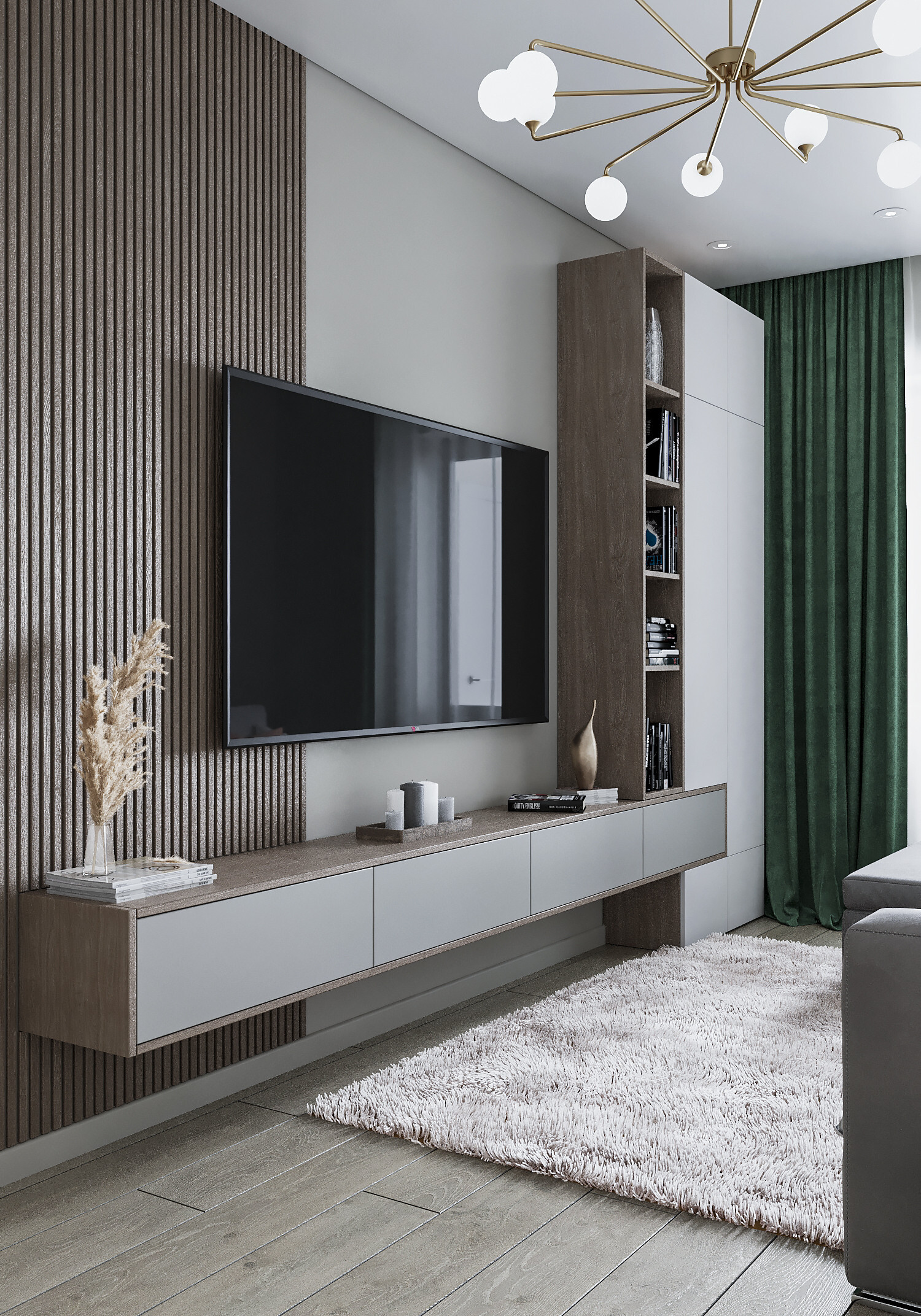 Интерьер cтеной с телевизором, телевизором на рейках, телевизором на стене и керамогранитом на стену с телевизором в современном стиле
