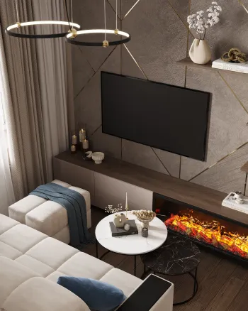Интерьер гостиной с телевизором в углу и телевизором на стене  смотреть на Basicdecor