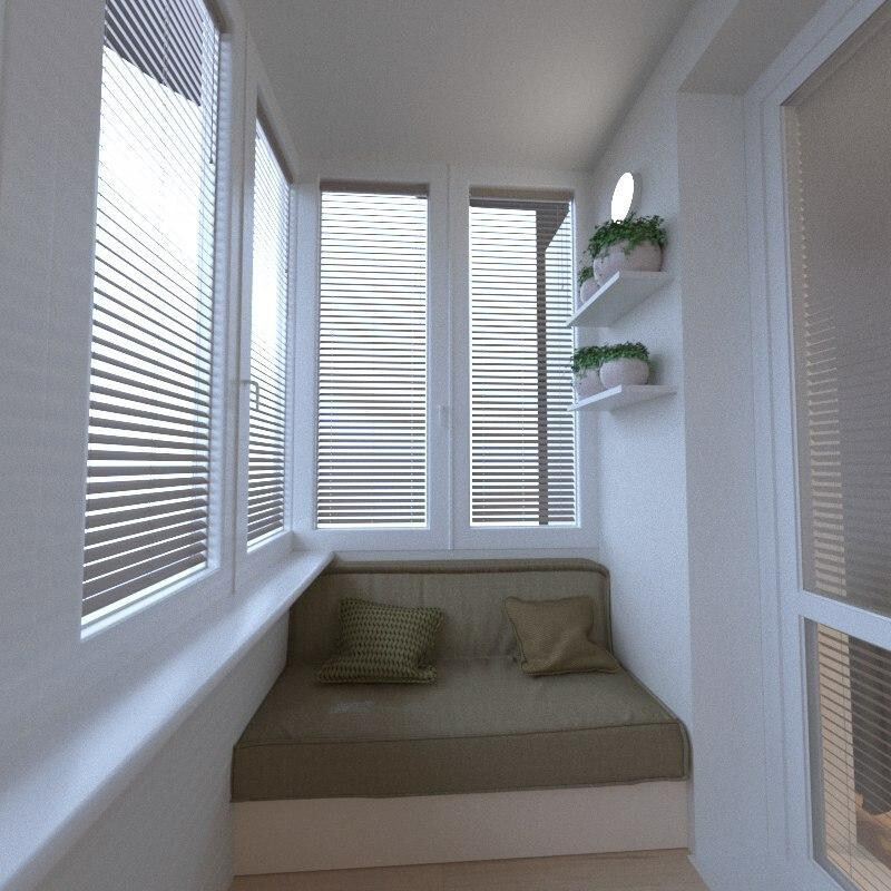 Интерьер балкона с балконом, жалюзи и дверными жалюзи в современном стиле