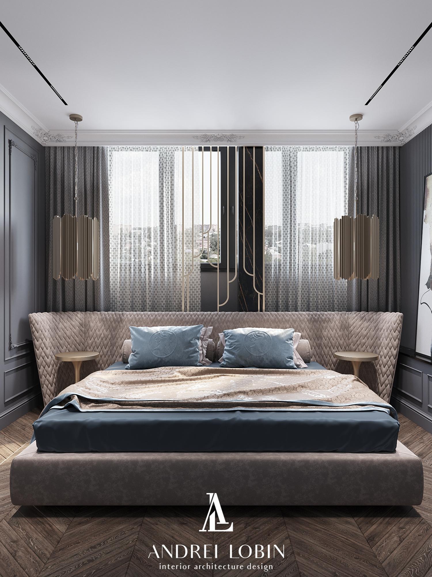 Интерьер спальни с бра над кроватью и светильниками над кроватью в классическом стиле и в стиле лофт