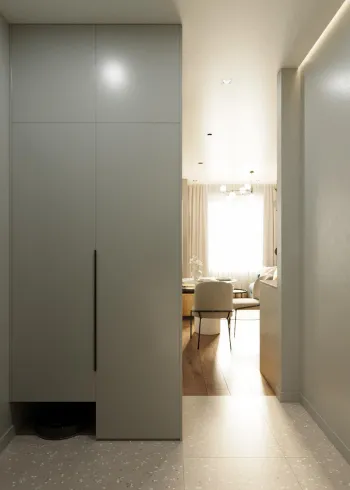 Интерьер прихожей с нишей, нишей с подсветкой, проходной, зеркалом на двери и с подсветкой  смотреть на Basicdecor