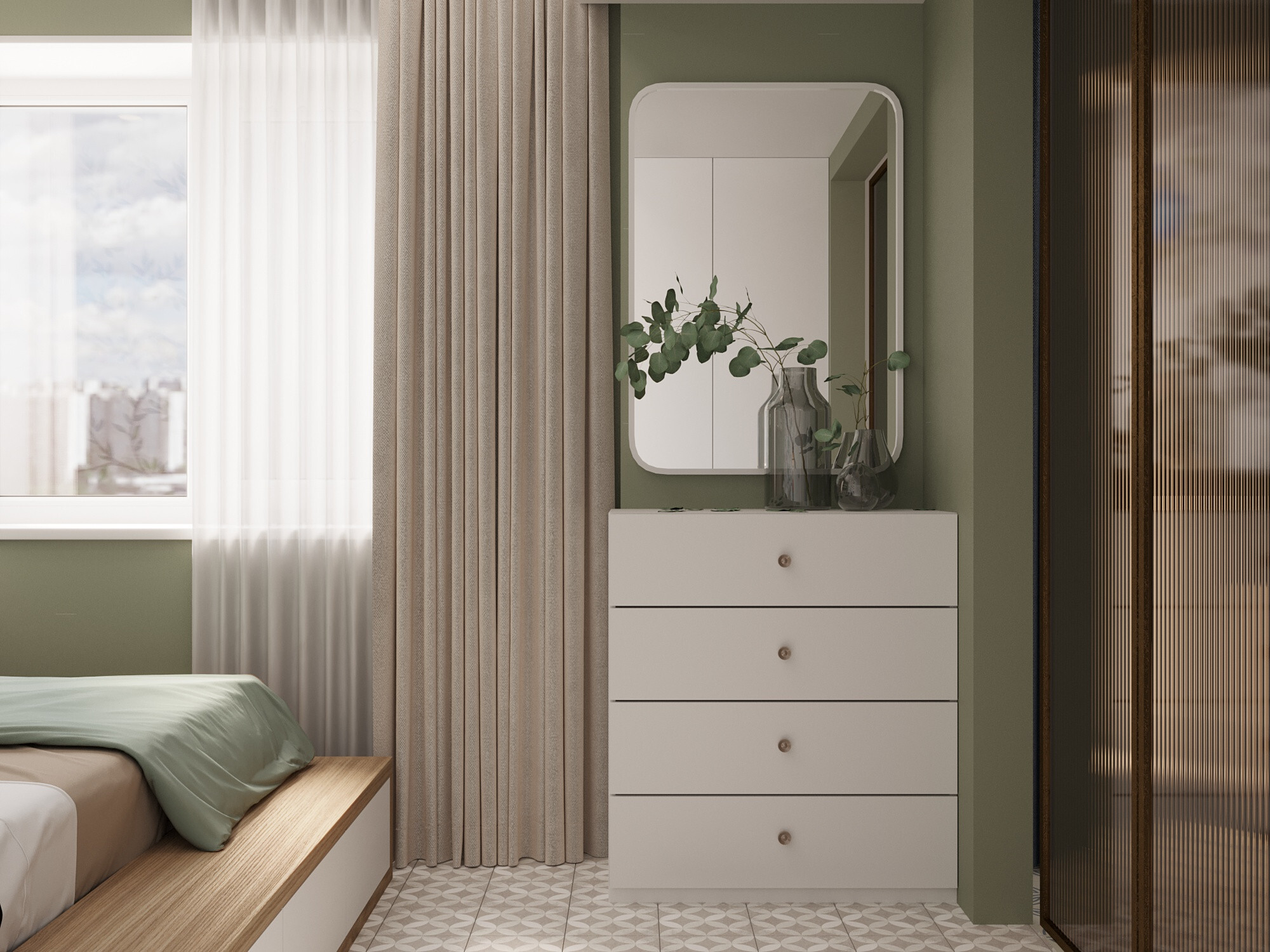 Интерьер спальни с зеркалом над комодом в современном стиле