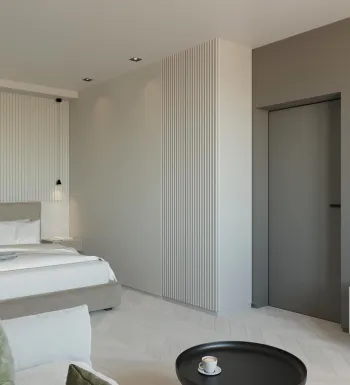 Интерьер спальни с жалюзи и дверными жалюзи  смотреть на Basicdecor