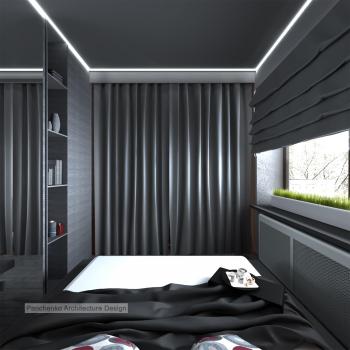Интерьер спальни с балконом, световыми линиями, рейками с подсветкой, подсветкой светодиодной, светильниками над кроватью и с подсветкой в стиле лофт