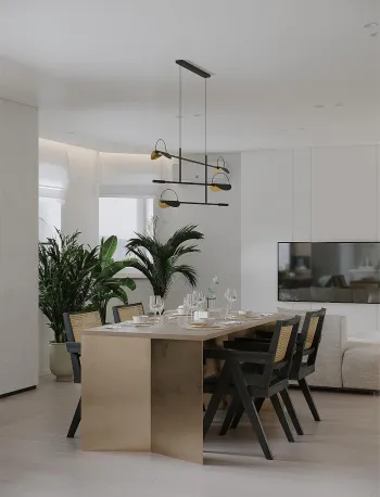 Интерьер кухни cветильниками над столом  смотреть на Basicdecor