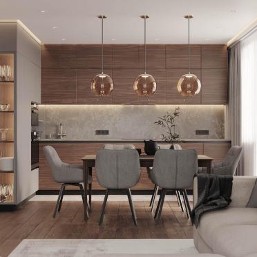 Интерьер кухни cветильниками над столом  смотреть на Basicdecor