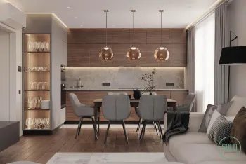 Интерьер кухни cветильниками над столом  смотреть на Basicdecor