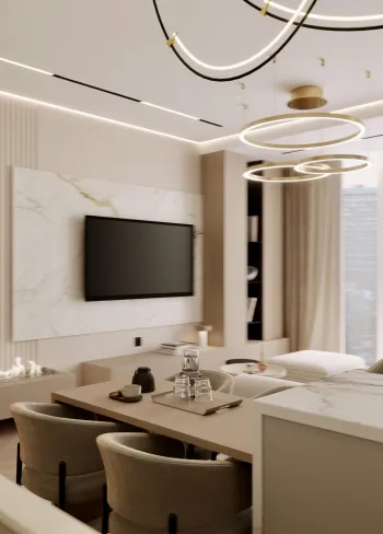 Интерьер гостиной cветовыми линиями и с подсветкой  смотреть на Basicdecor