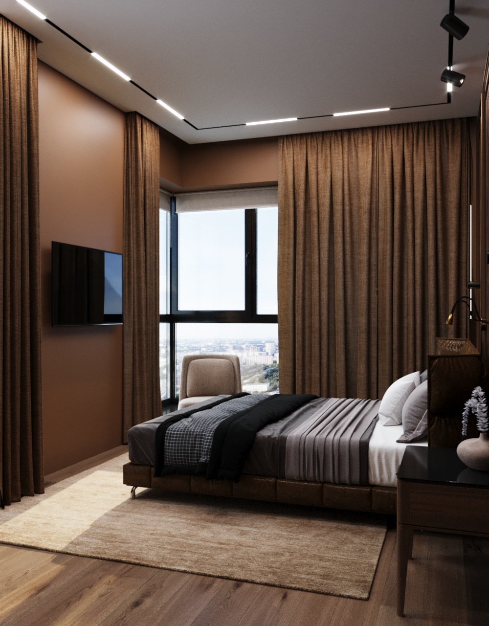 Интерьер спальни cветовыми линиями, угловым окном, рейками с подсветкой и подсветкой светодиодной