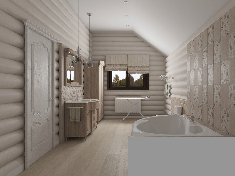 Интерьер ванной с в деревянном доме и сауной в классическом стиле и в стиле кантри