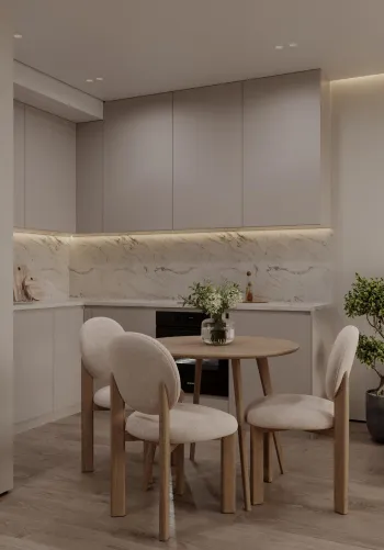 Интерьер кухни с нишей с подсветкой, светильниками над столом и с подсветкой  смотреть на Basicdecor