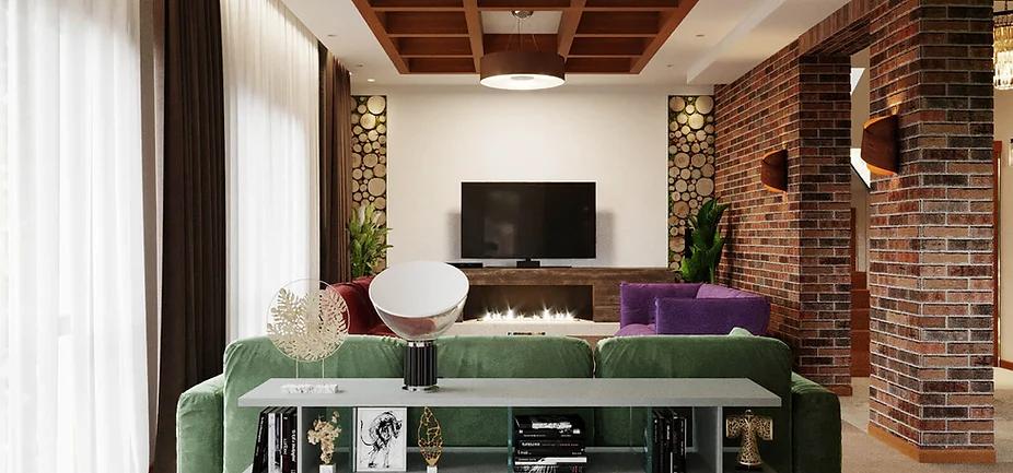 Интерьер гостиной с панно за телевизором, стеной с телевизором, телевизором на стене и керамогранитом на стену с телевизором в стиле лофт и в восточном стиле