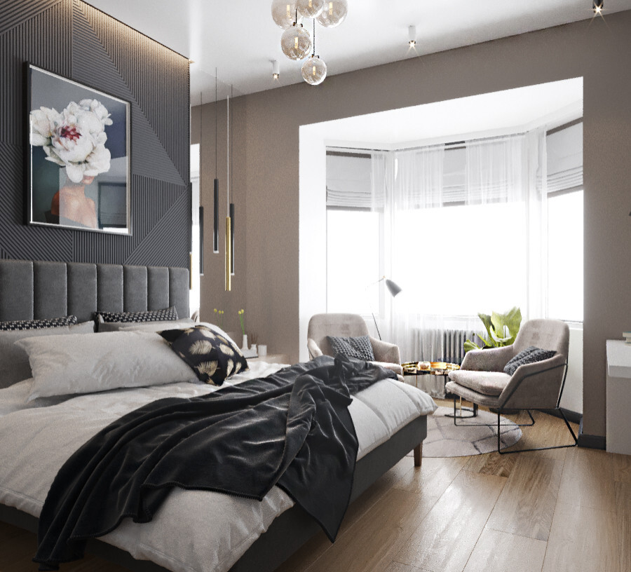 Интерьер спальни с бра над кроватью и светильниками над кроватью в современном стиле, в стиле лофт и готике