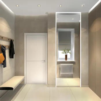 Интерьер прихожей с проходной и зеркалом на двери  смотреть на Basicdecor