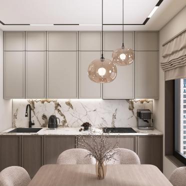 Интерьер кухни cветильниками над столом  смотреть на Basicdecor