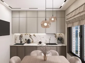 Интерьер кухни cветильниками над столом  смотреть на Basicdecor
