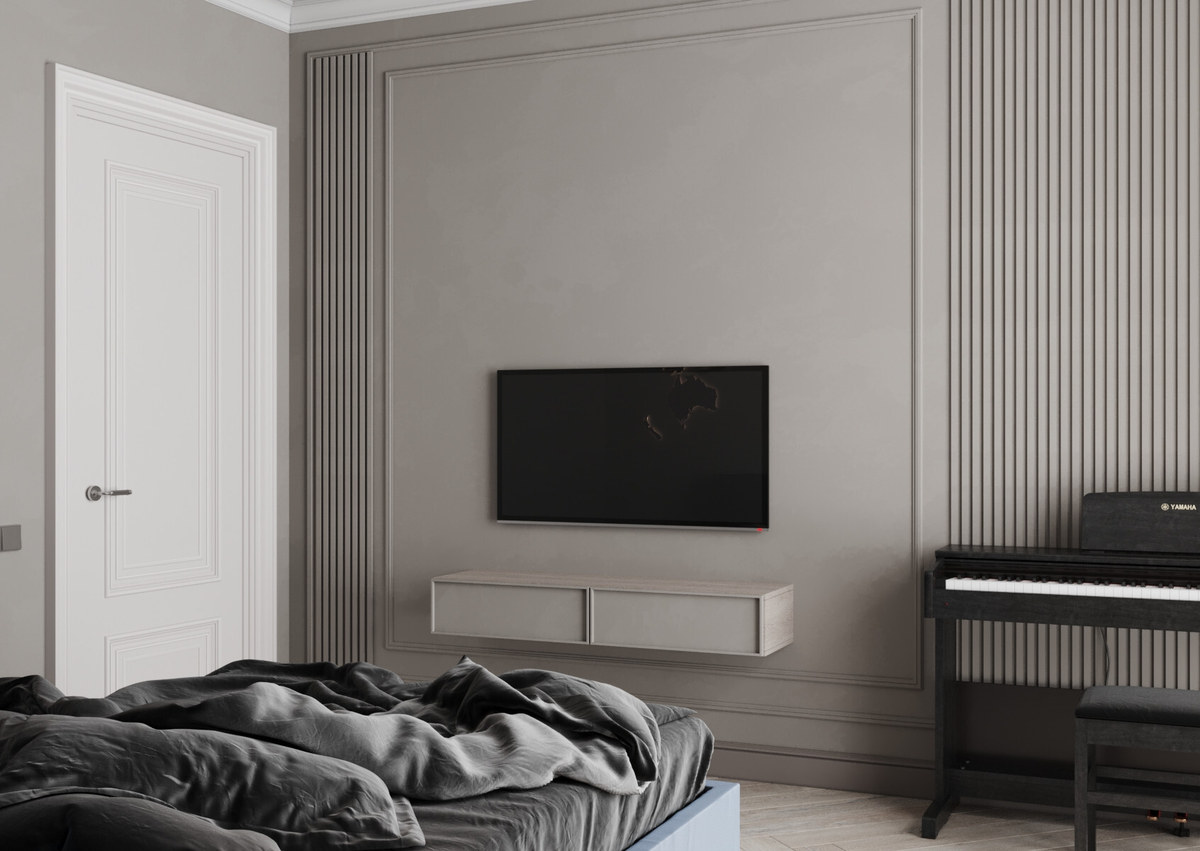 Интерьер спальни cтеной с телевизором, телевизором на рейках, телевизором на стене, нишей для телевизора и керамогранитом на стену с телевизором в неоклассике