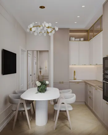 Интерьер кухни cветильниками над столом  смотреть на Basicdecor