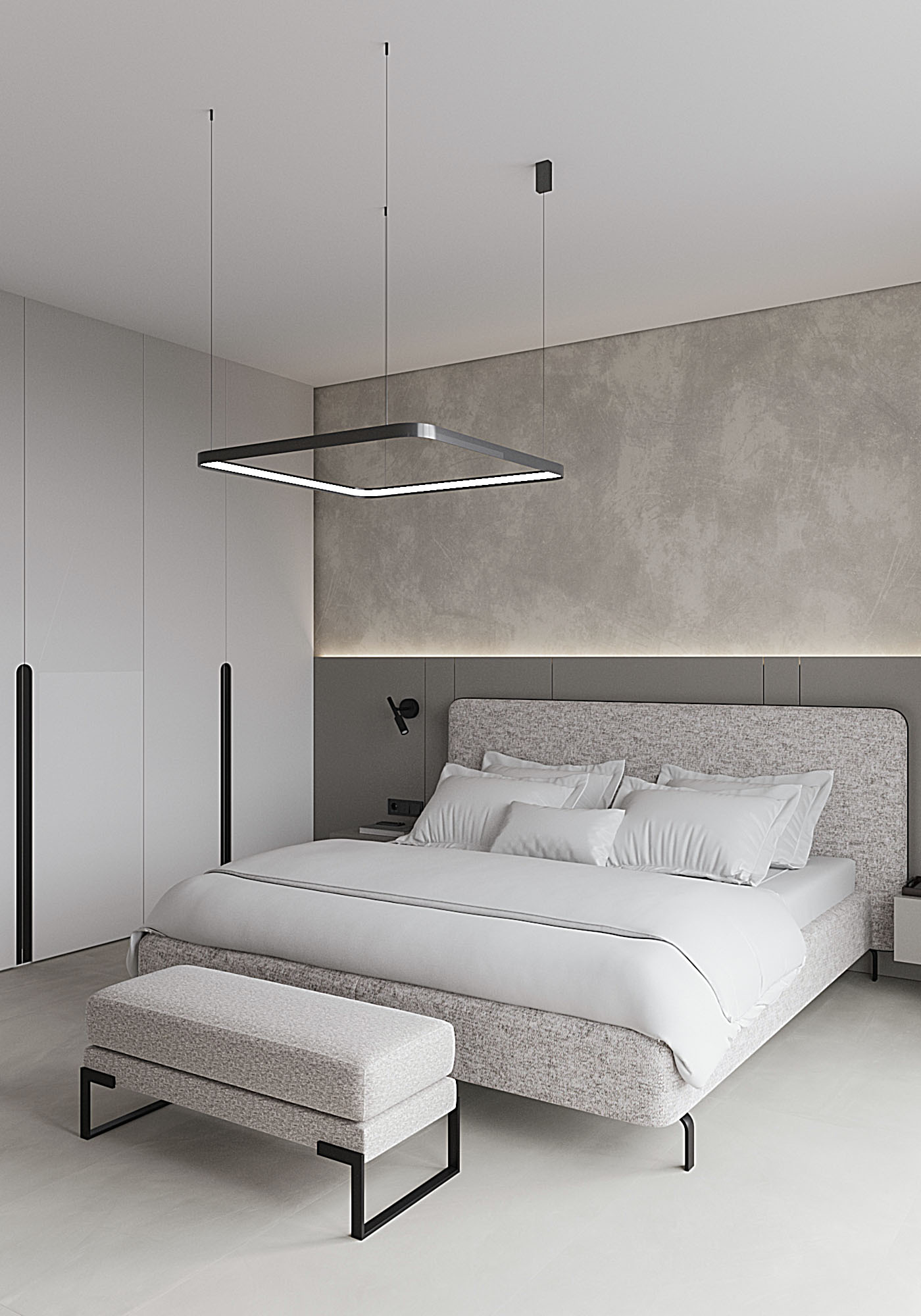 Интерьер спальни с рейками с подсветкой и подсветкой светодиодной