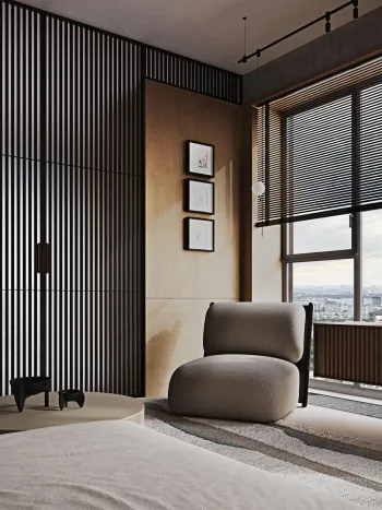 Интерьер гостиной с жалюзи и дверными жалюзи  смотреть на Basicdecor