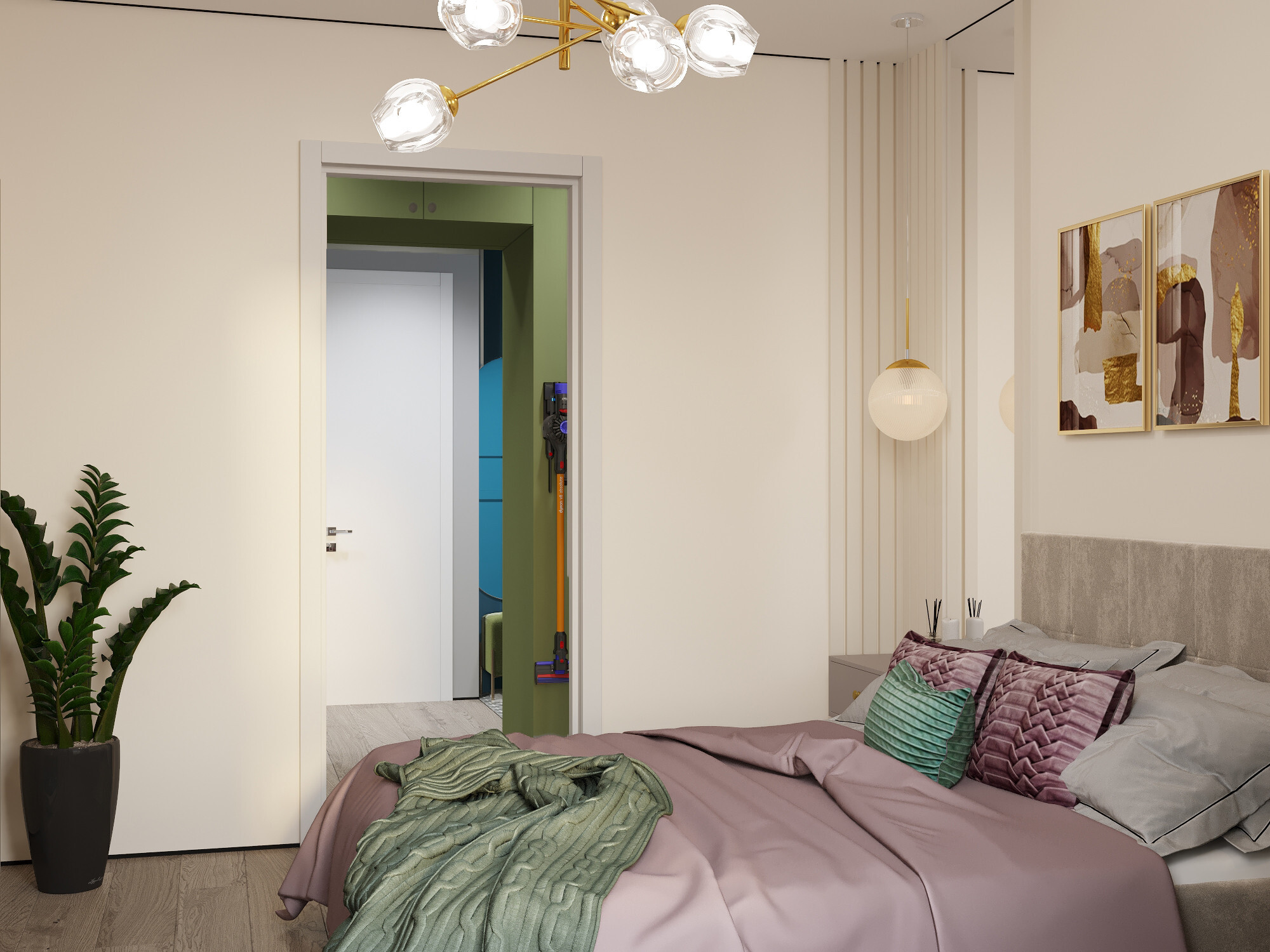 Интерьер спальни с проходной, световыми линиями, подсветкой настенной и подсветкой светодиодной в современном стиле