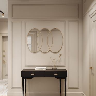 Интерьер с зеркалом на двери и зеркалом над комодом  смотреть на Basicdecor