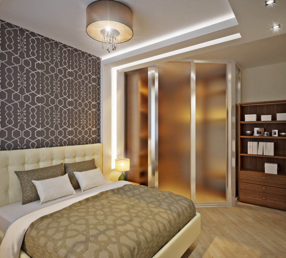 Интерьер спальни с рейками с подсветкой, подсветкой настенной, подсветкой светодиодной, светильниками над кроватью и с подсветкой в современном стиле