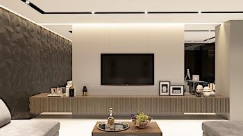 Интерьер гостиной с нишей с подсветкой, световыми линиями, стеной с телевизором, керамогранитом на стену с телевизором, рейками с подсветкой, подсветкой настенной, подсветкой светодиодной и с подсветкой