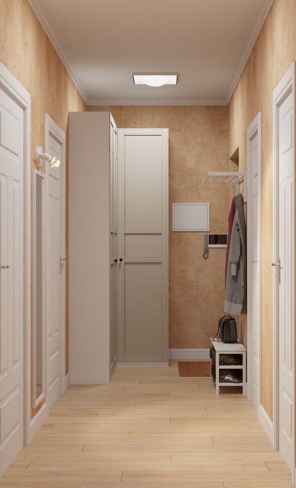 Интерьер прихожей с шкафами вокруг двери в современном стиле