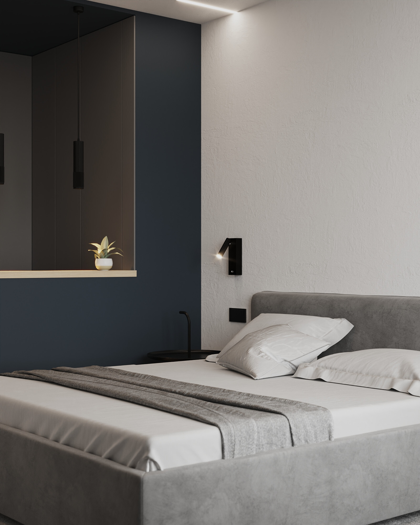 Интерьер спальни с бра над кроватью, подсветкой настенной и светильниками над кроватью в современном стиле