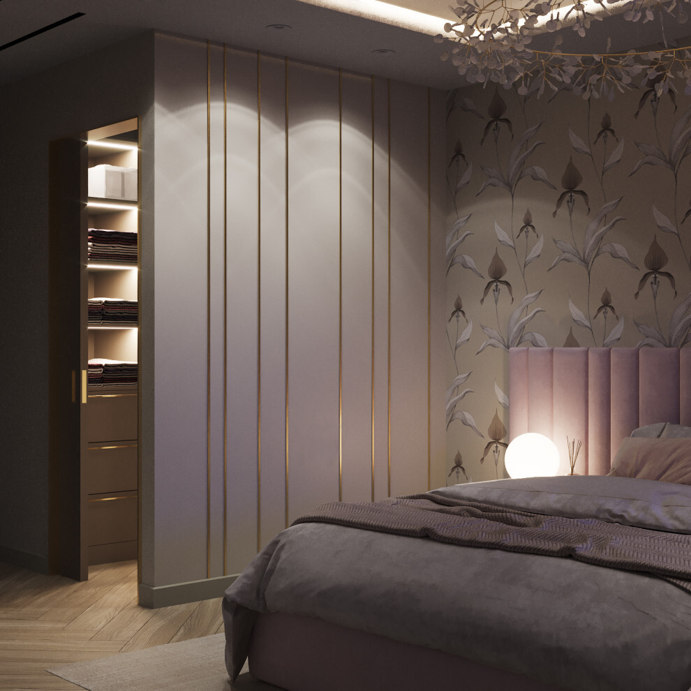 Интерьер спальни с нишей с подсветкой, световыми линиями, рейками с подсветкой, подсветкой настенной, подсветкой светодиодной, светильниками над кроватью и с подсветкой