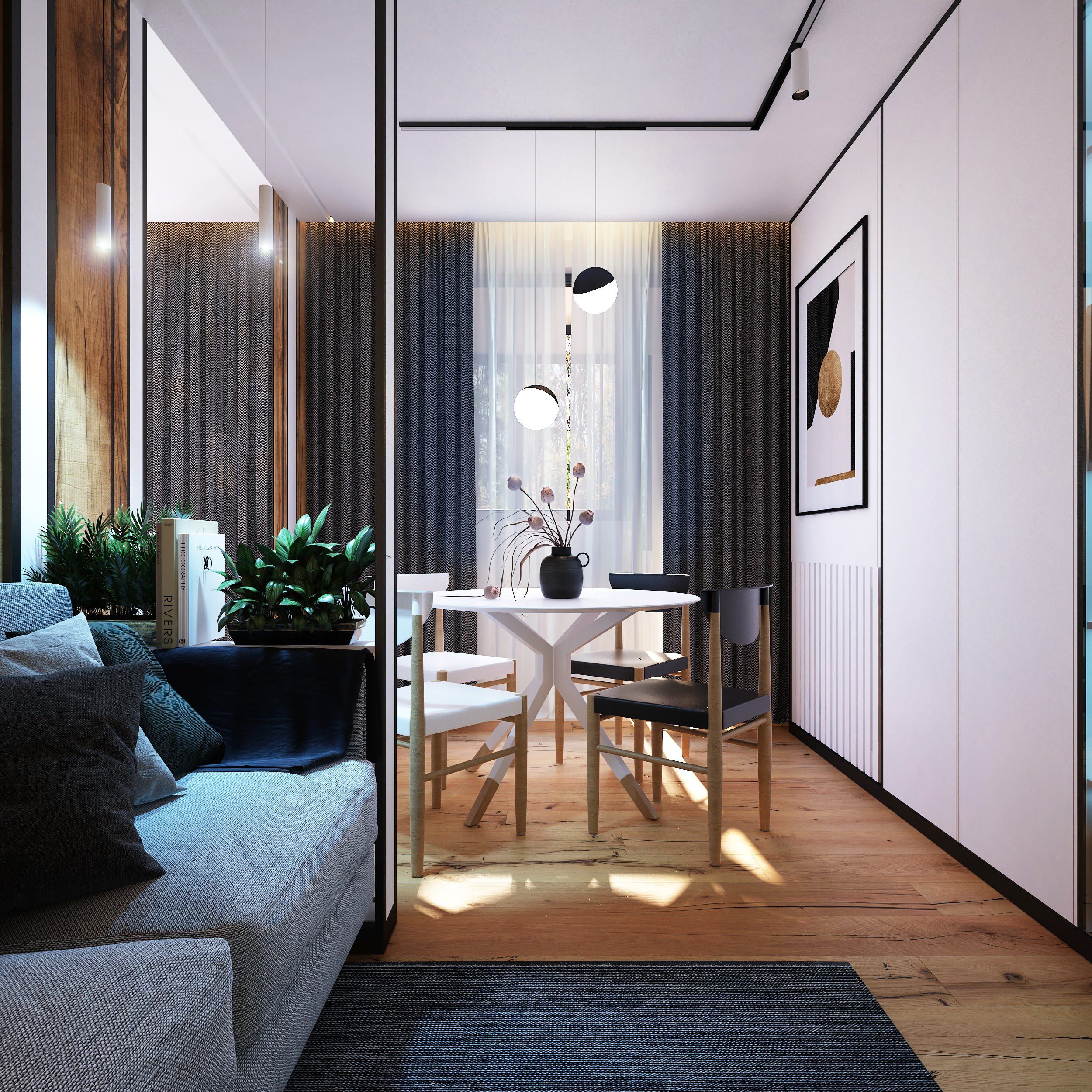 Интерьер гостиной с зонированием, проходной, балконом и световыми линиями в современном стиле и в стиле лофт