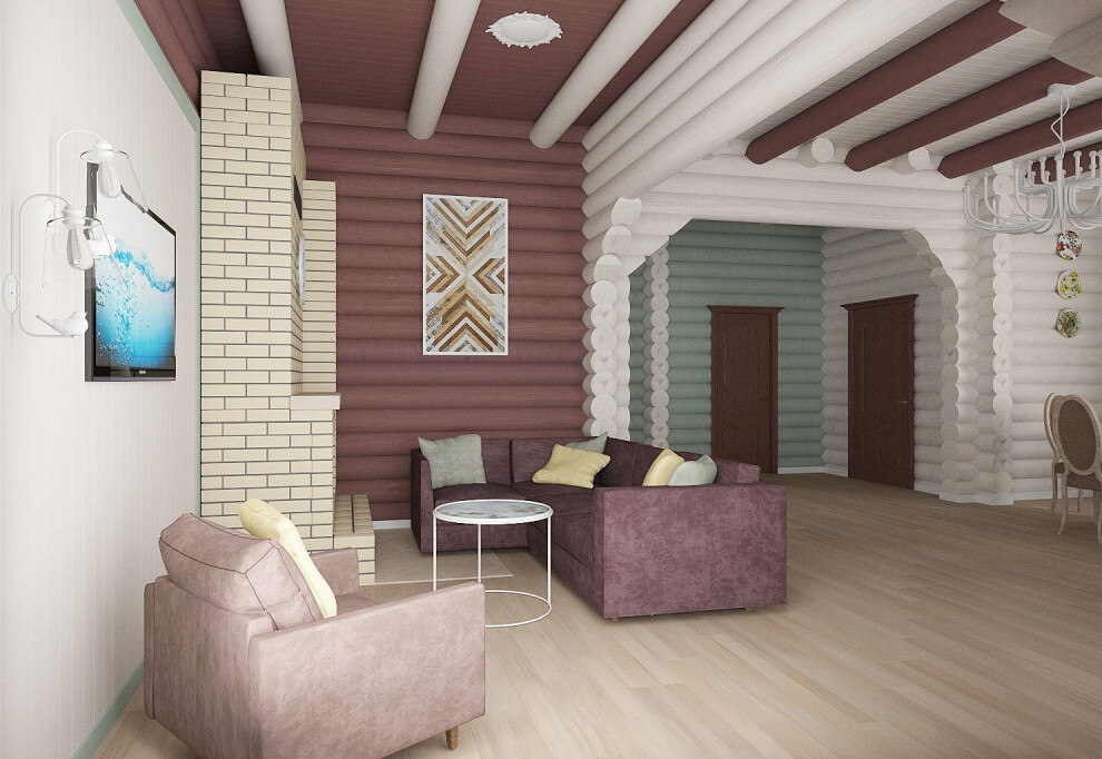 Интерьер гостиной с в деревянном доме в классическом стиле