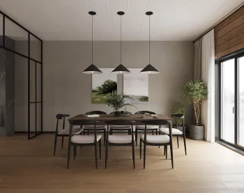 Интерьер столовой cветильниками над столом  смотреть на Basicdecor