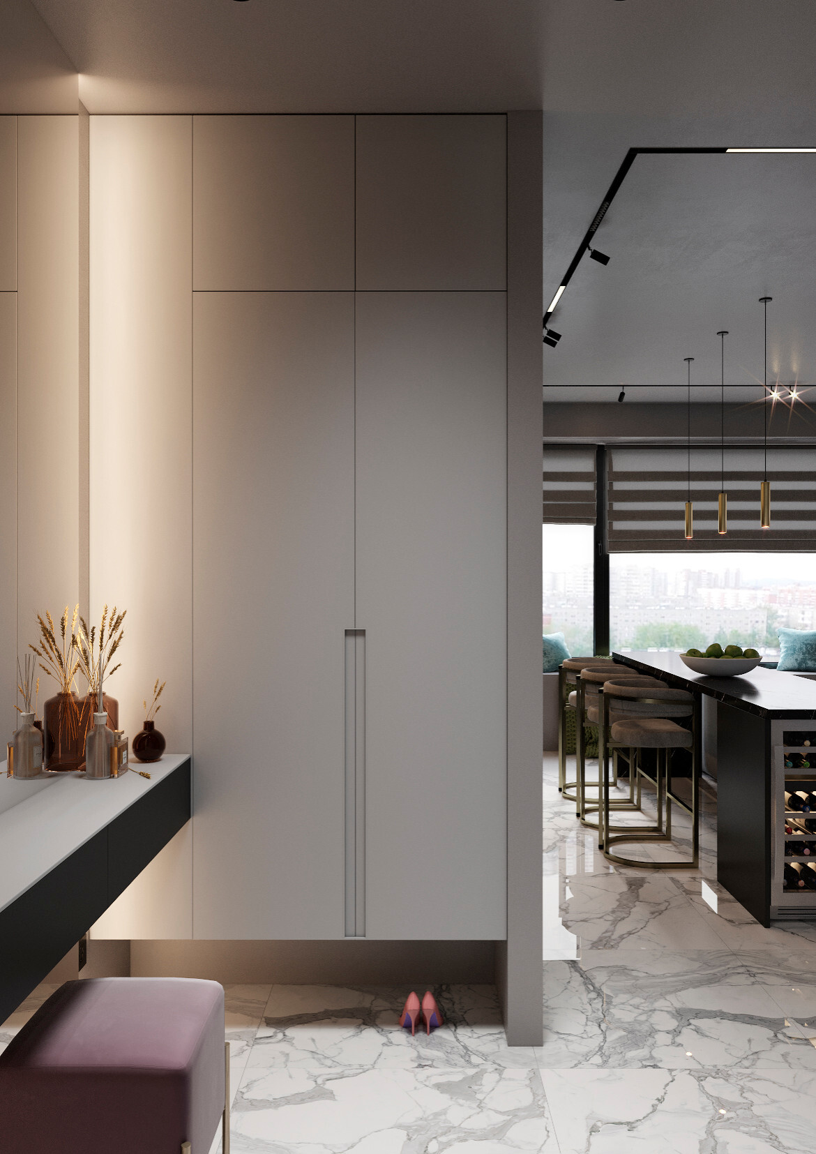 Интерьер кухни cветовыми линиями и подсветкой настенной в современном стиле и в стиле лофт