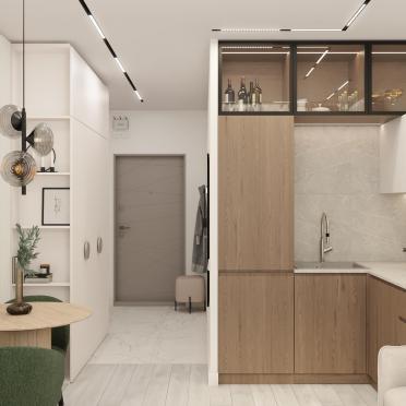 Интерьер кухни с кухней-нишей и с антресолью  смотреть на Basicdecor