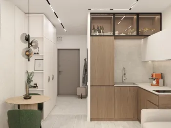 Интерьер кухни с кухней-нишей и с антресолью  смотреть на Basicdecor