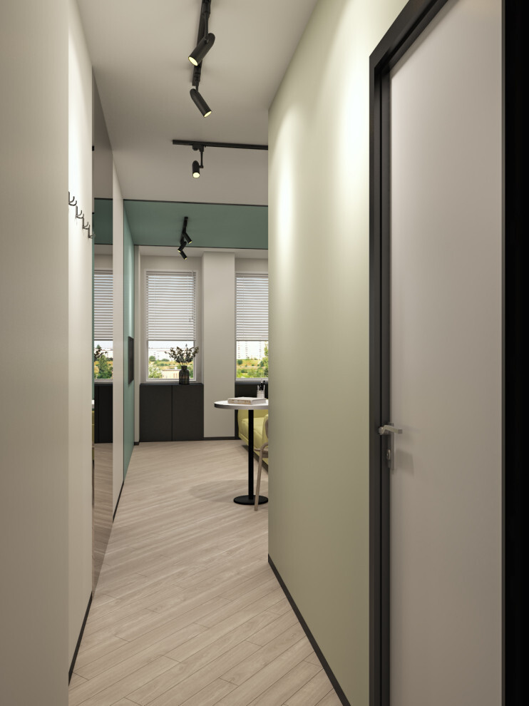 Интерьер коридора с проходной, световыми линиями, зеркалом на двери и дверными жалюзи в современном стиле