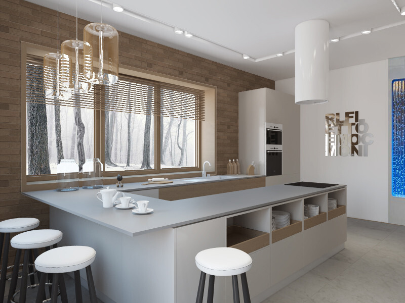 Интерьер кухни cветовыми линиями и подсветкой светодиодной в современном стиле