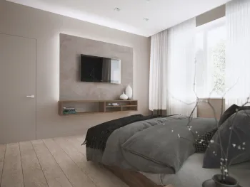 Интерьер спальни с телевизором на стене в современном стиле смотреть на Basicdecor