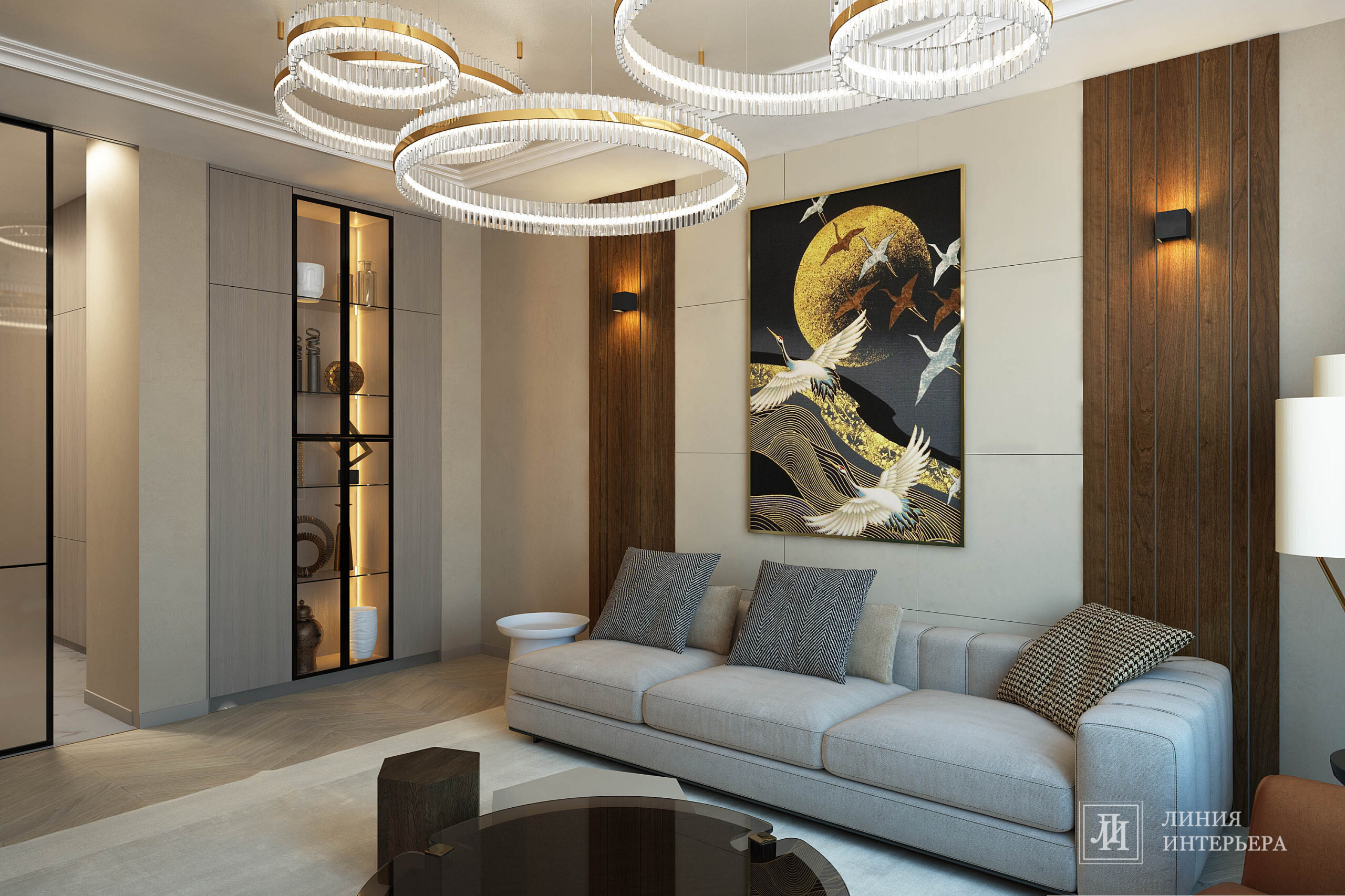 Интерьер гостиной с подсветкой светодиодной в современном стиле