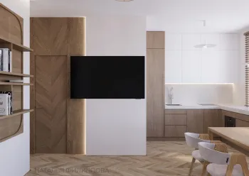 Интерьер кухни с телевизором на стене и нишей для телевизора  смотреть на Basicdecor