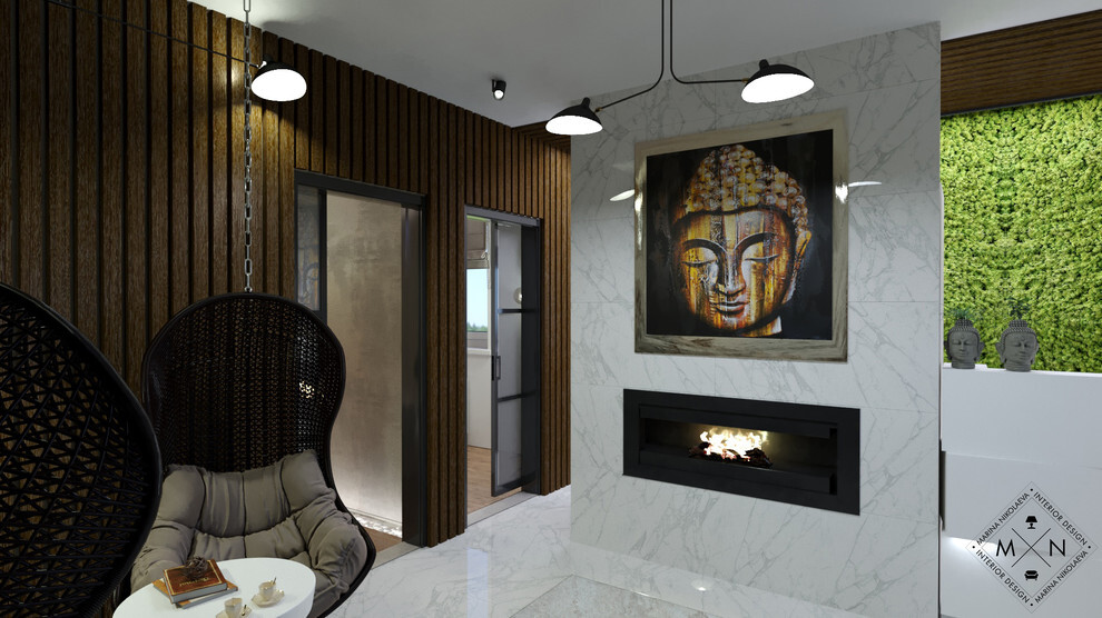 Интерьер гостиной с рейками с подсветкой, подсветкой настенной, подсветкой светодиодной и с подсветкой в восточном стиле