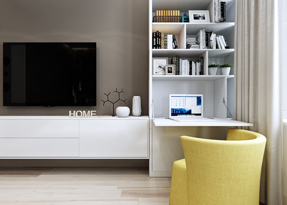 Интерьер c рабочим местом, стеной с телевизором, телевизором на стене и керамогранитом на стену с телевизором в современном стиле