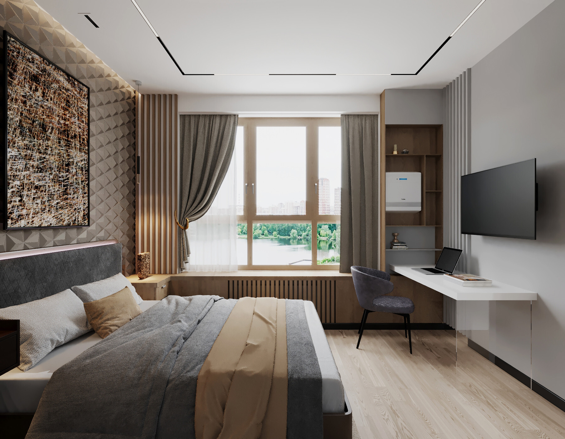 Интерьер спальни c рабочим местом, зонированием и светильниками над кроватью в современном стиле, в стиле лофт и в восточном стиле