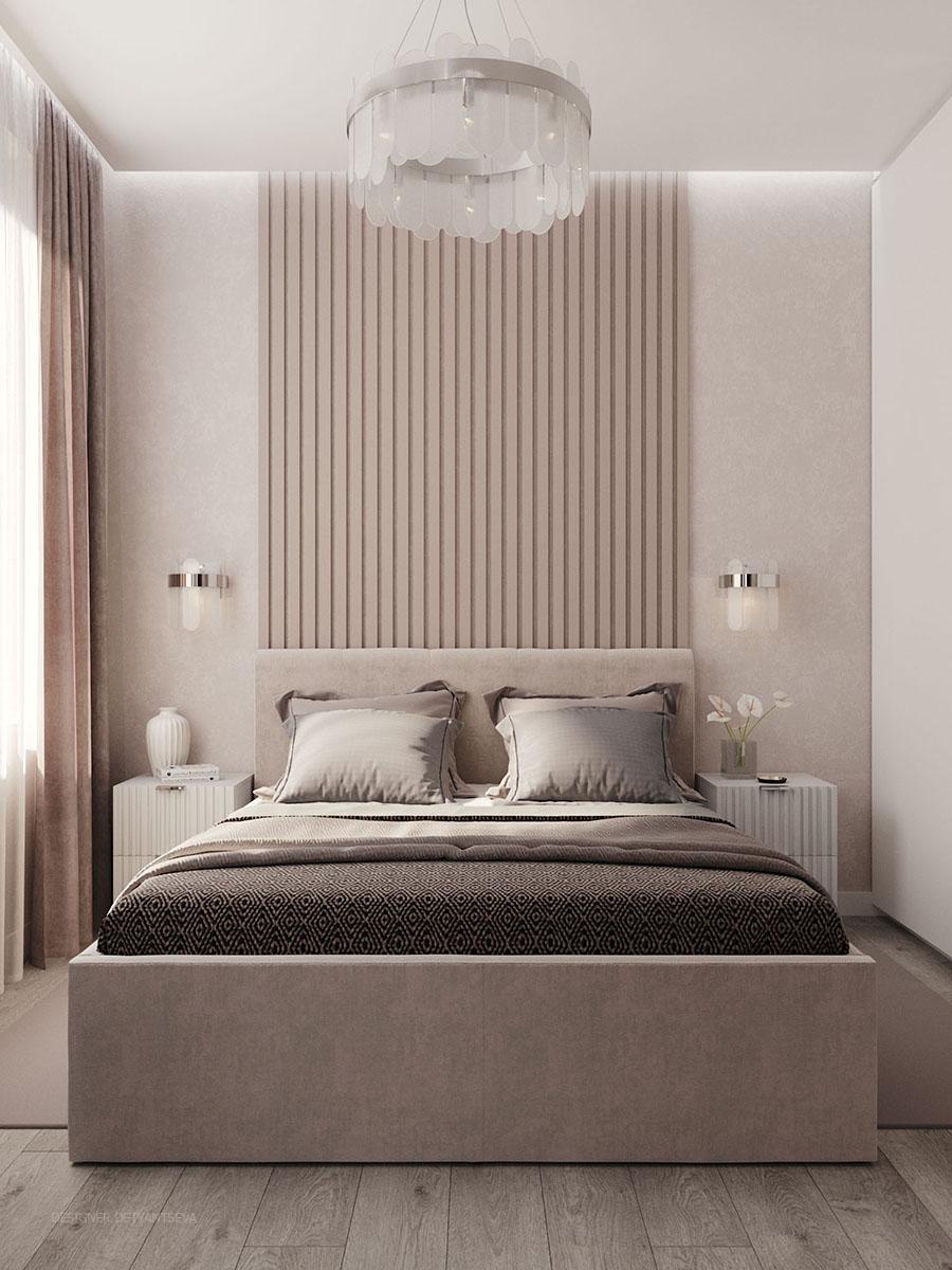 Интерьер спальни cветовыми линиями, бра над кроватью, подсветкой настенной, подсветкой светодиодной и светильниками над кроватью