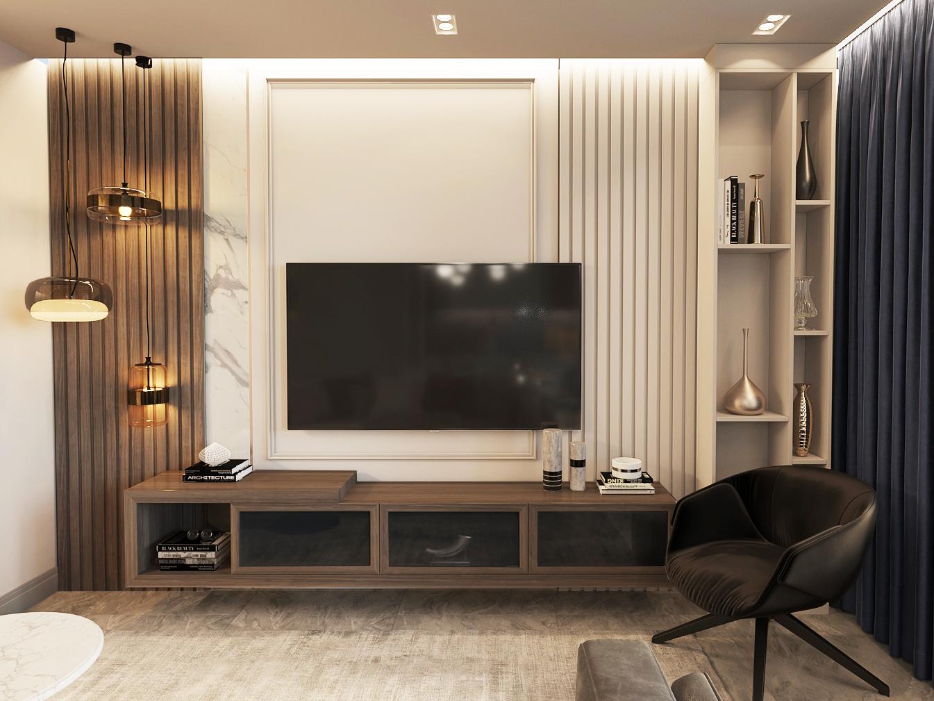 Интерьер гостиной cтеной с телевизором, телевизором на рейках, телевизором на стене и керамогранитом на стену с телевизором