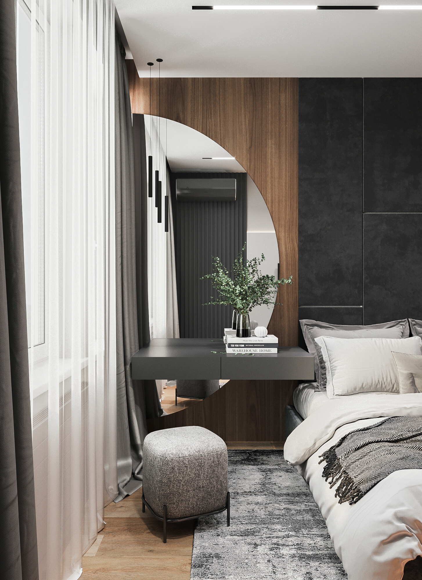 Интерьер спальни с зеркалом в нише и шкафом у кровати в современном стиле, в стиле лофт, эко и контемпорарях